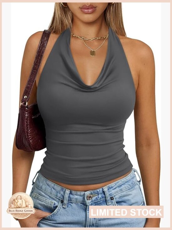 Tops - Sleeveless Halter Cowl Neck Backless Crop Top Y2K Going Out Summer Vacation